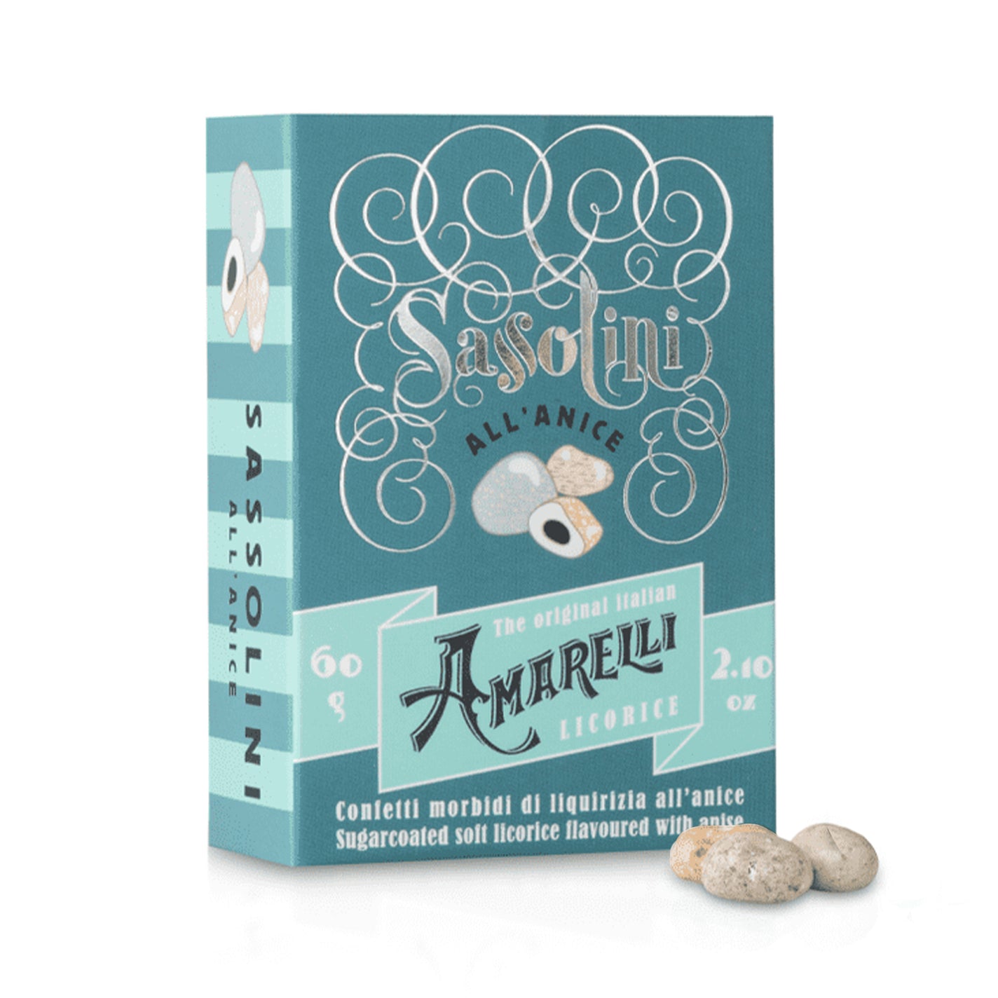 Amarelli Sassolini Sugar Coated Liquorice in Box (Teal) - 60g